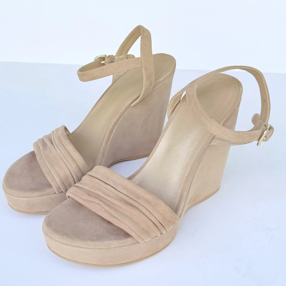 Stuart Weitzman Sundraped Tan / Beige Suede Wedge Ankle Strap Sandals 8.5 - Picture 11 of 16